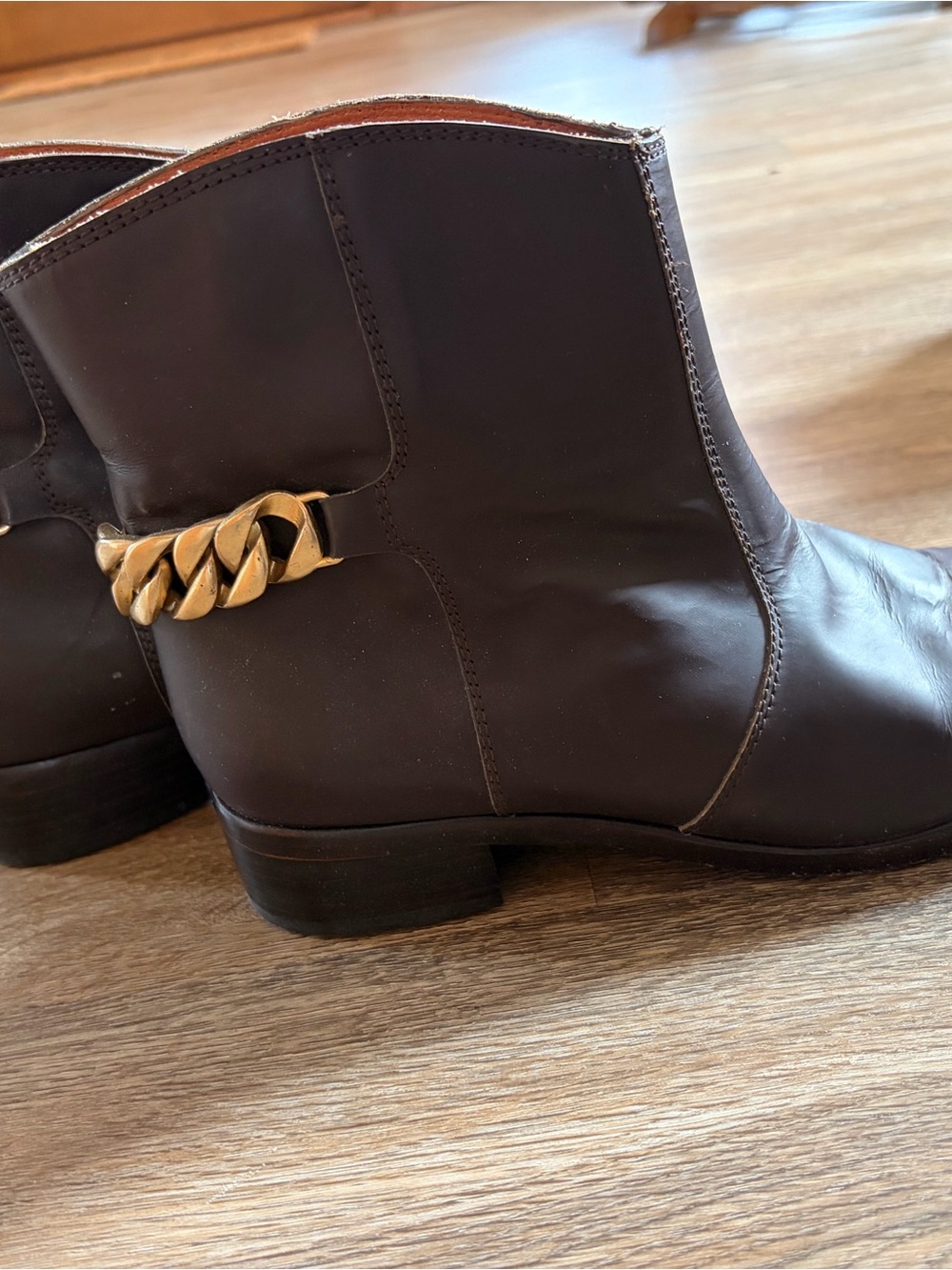 Brown Leather Ankle Boots with Gold Chain Accent